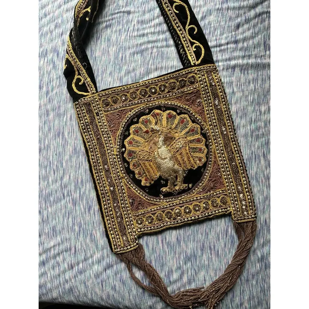 VTG 1970s Handmade Sequin & Beaded Thai Burmese Tapestry Hobo Peacock Kalaga Bag